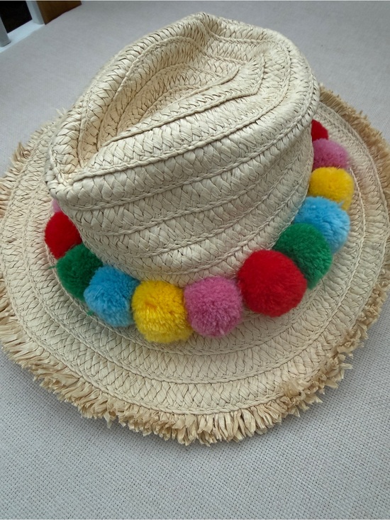Mini Boden Other - Mini Boden Straw Hat with Red, Pink, Yellow, Green and Blue Pom-Poms